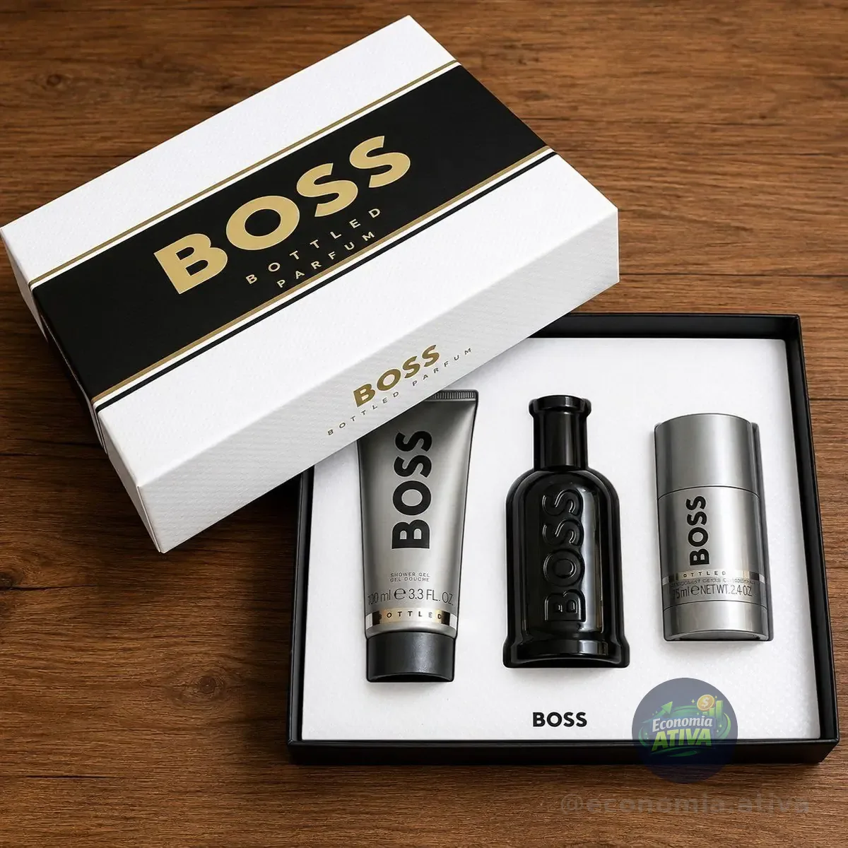 Kit Hugo Boss Bottled Parfum • Parfum Masculino 100ml • ⁠Gel de Banho 100ml • ⁠Desodorante Stick 70ml