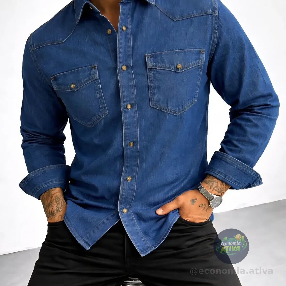 Camisa Jeans Slim Manga Longa