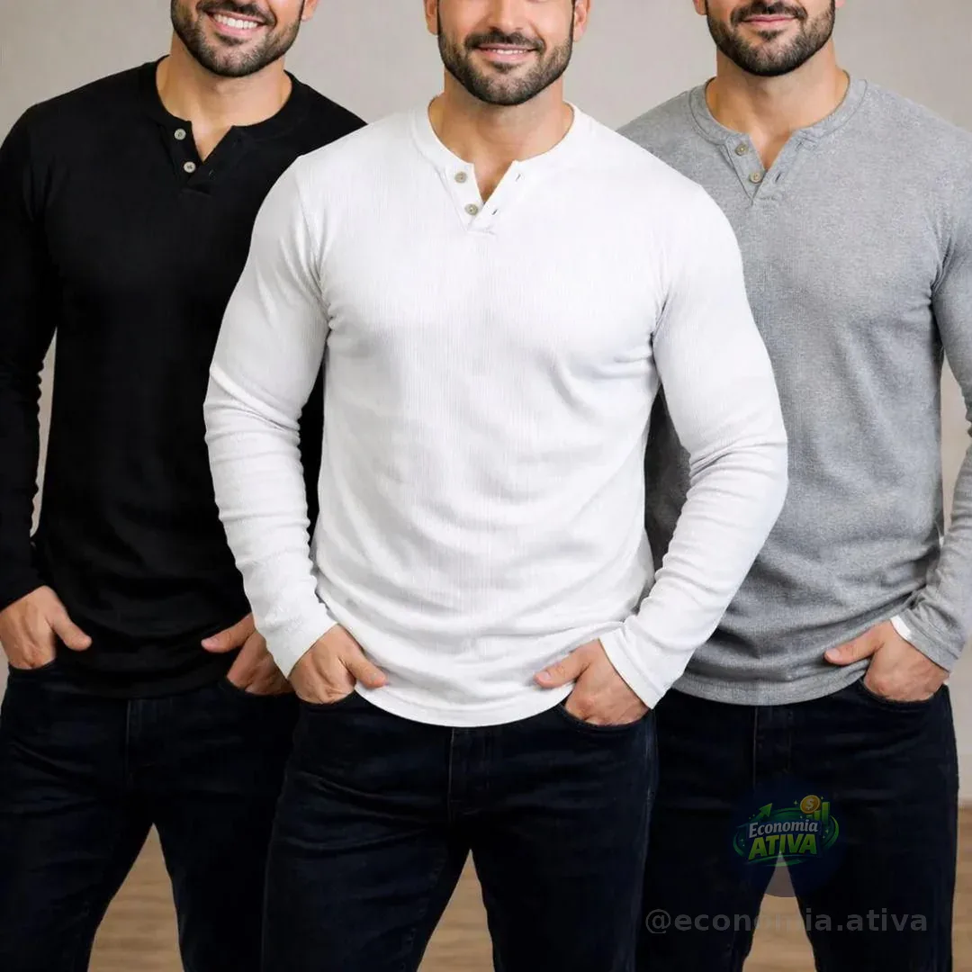 Kit 3 Camiseta Henley Masculina Slim 2 Botões Manga Longa