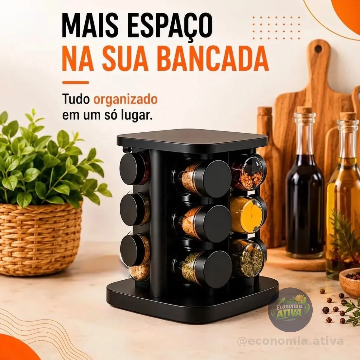 Porta Temperos Giratório 360° Com 12 Potes De Vidro 85ml Tampa Inox