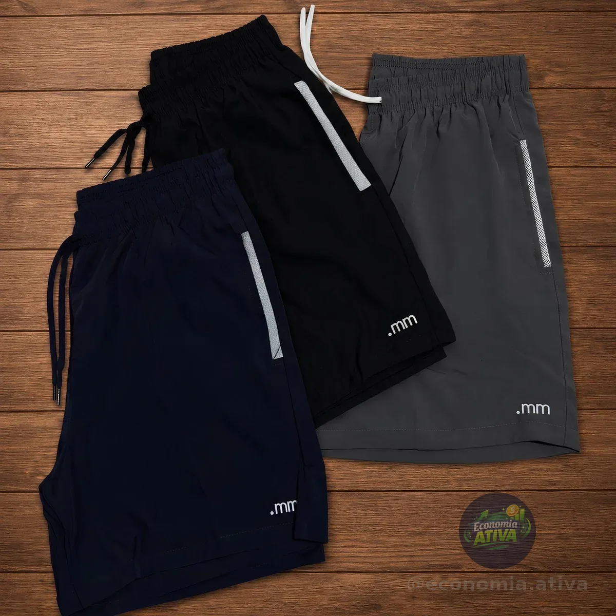 Kit 3 Bermuda Masculina Tactel Com Elastano Academia Treino Preto-marinho-cinza M