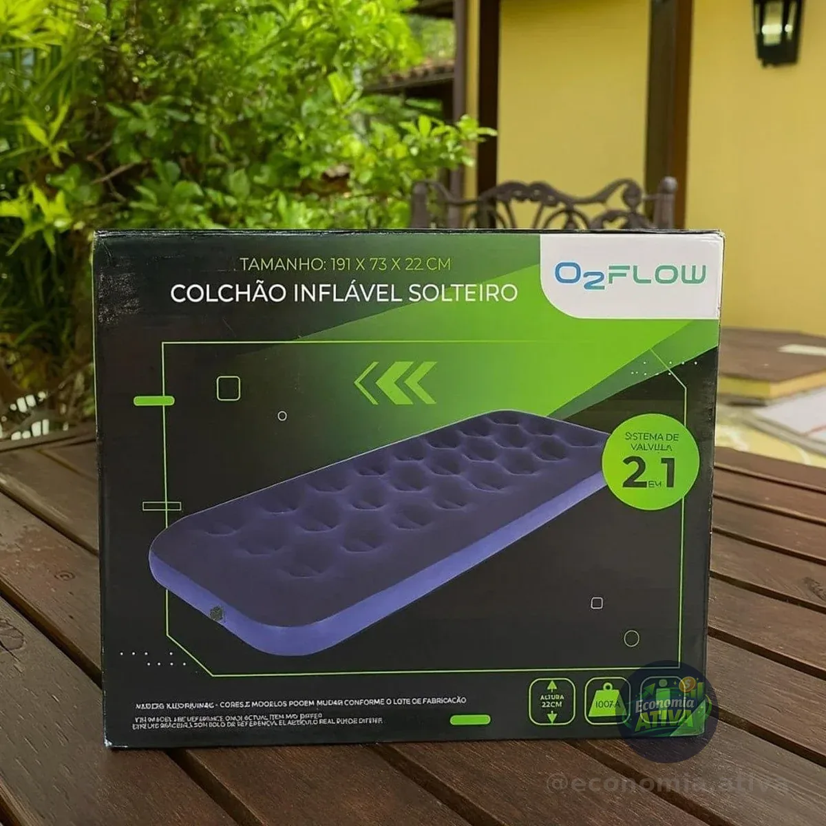 Colchão Inflável Solteiro Multiuso Aveludado O2flow Azul