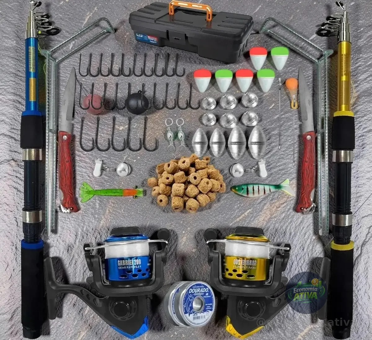 Kit Vara De Pesca Telescópica Summer 1,70m Fibra Vidro 2 Molinetes Preto