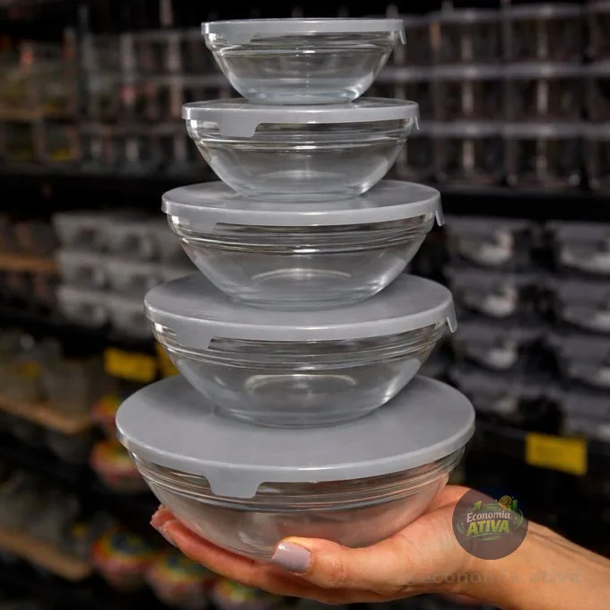 Conjunto 5 Potes Tigelas Vasilhas Bowls Em Vidro Com Tampa