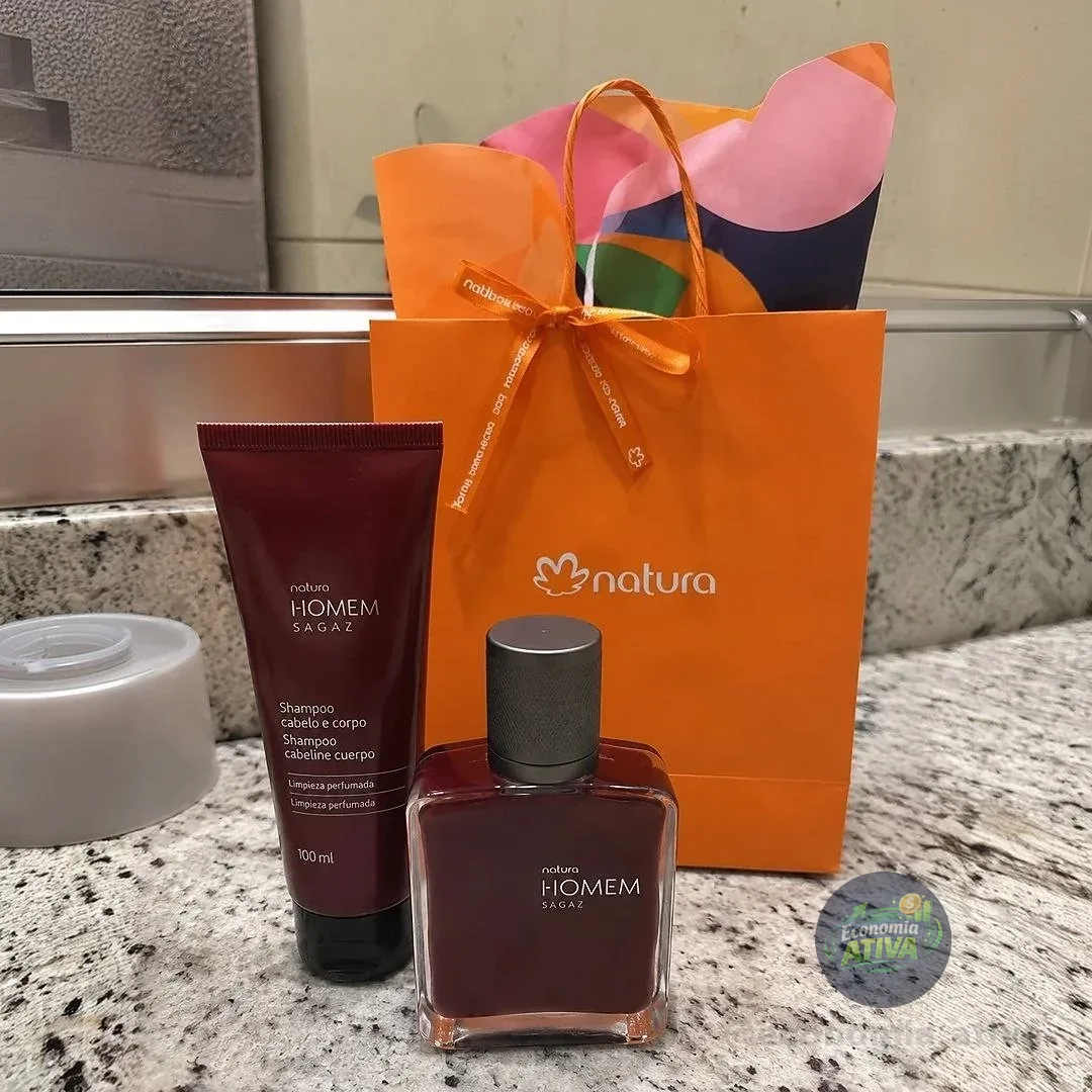 Kit Presente Natura Homem Sagaz Miniatura 25ml + Shampoo Cabelo e Corpo 100ml + Sacola Presente