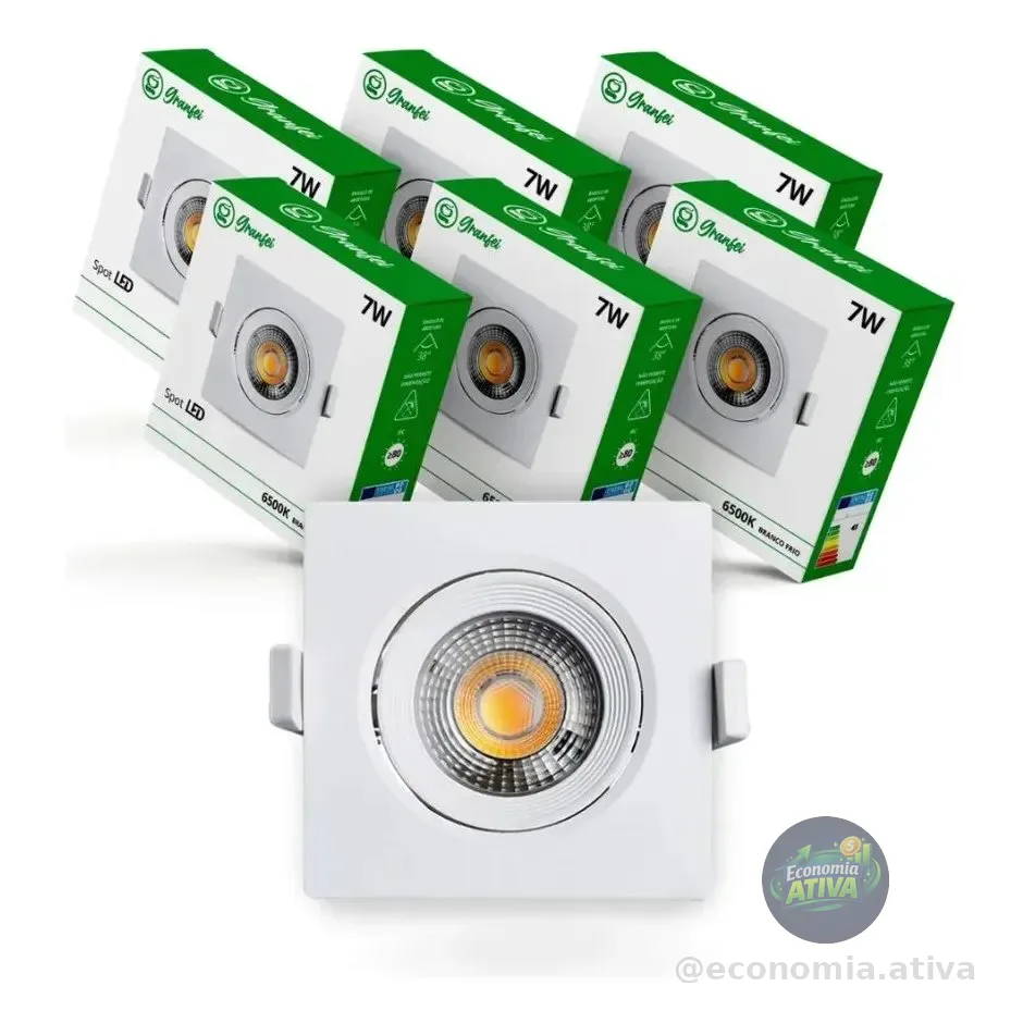 Kit Luminária Spot Led 7w Embutir Frio Neutro Quente Bivolt Branco Frio | 6500k Quadrado | Branco 5 Unidades