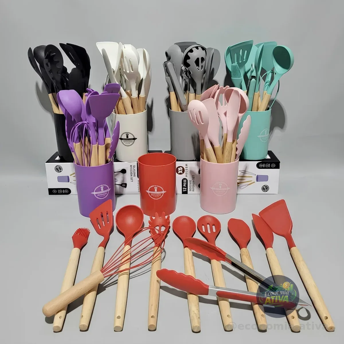 Kit C/12 Utensílios De Cozinha Silicone Cabo Madeira