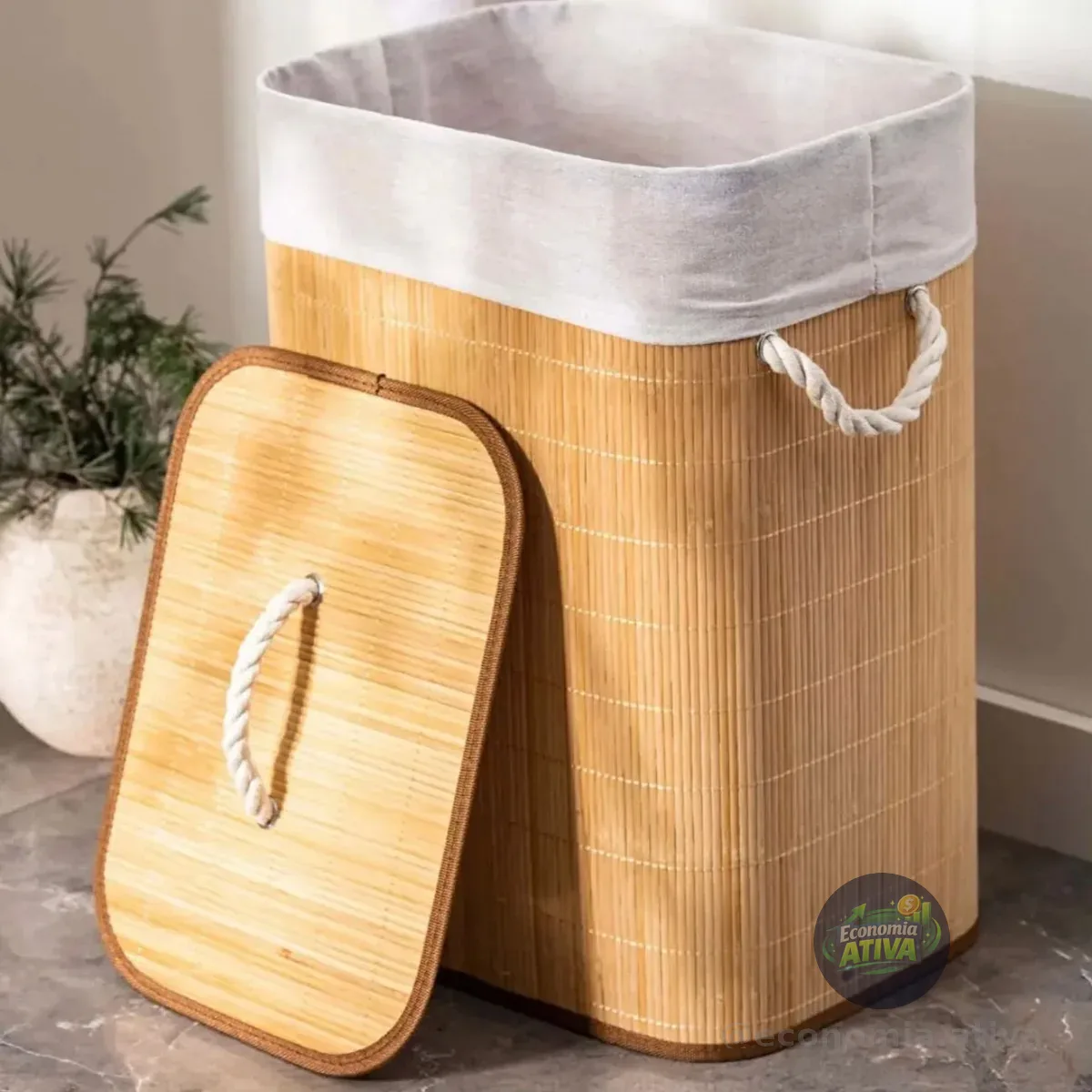 Cesto de Roupa Suja de Bambu 50L Kontuz