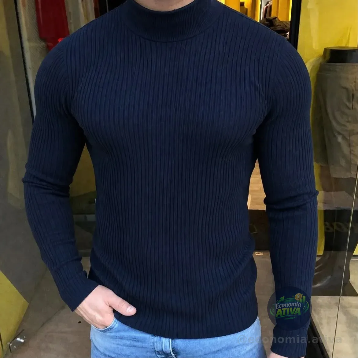 Camiseta Masculina Manga Longa Gola Alta Canelada