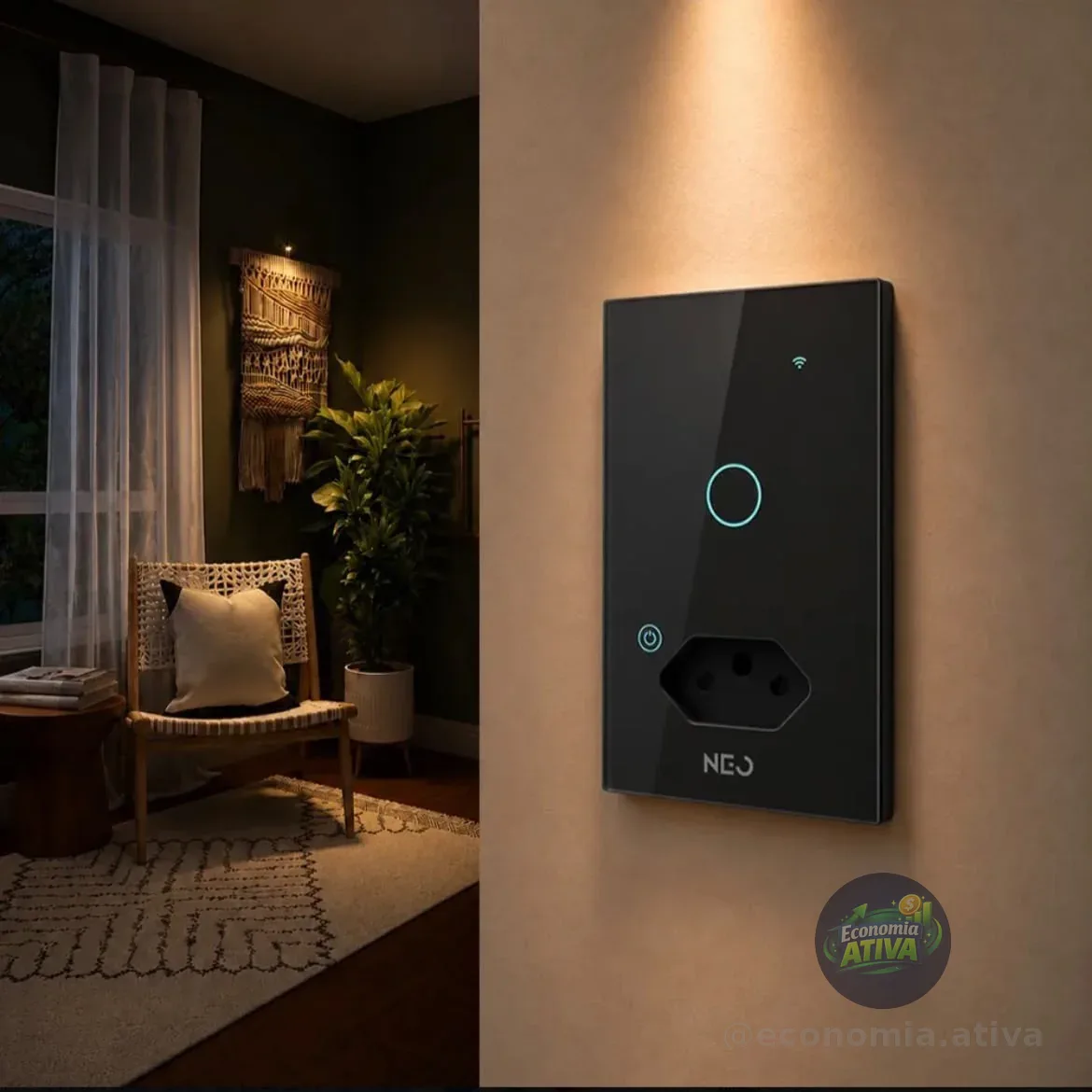 Interruptor Com Tomada Smart E Botão Preto Neo Avant - Wifi