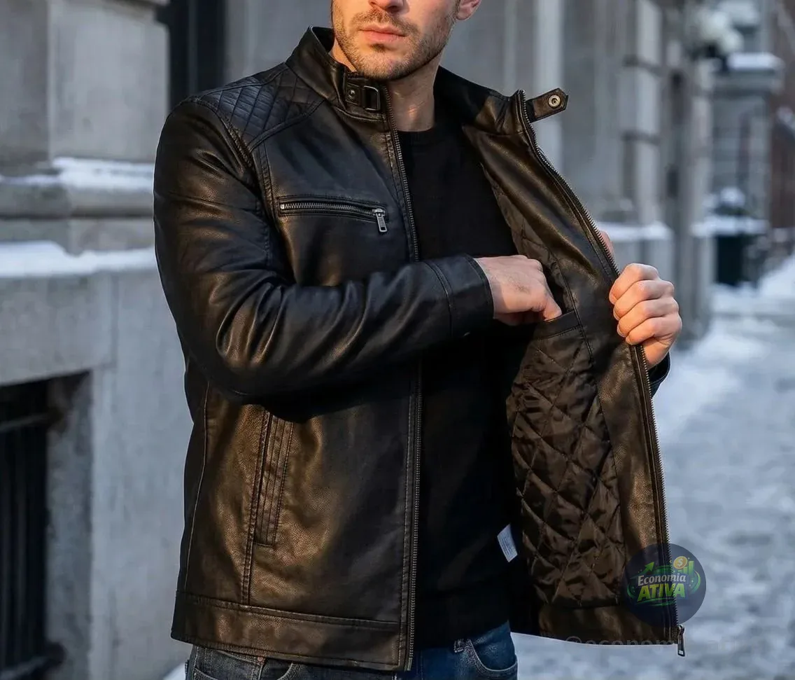 Jaqueta De Couro Masculina Slim Forrada