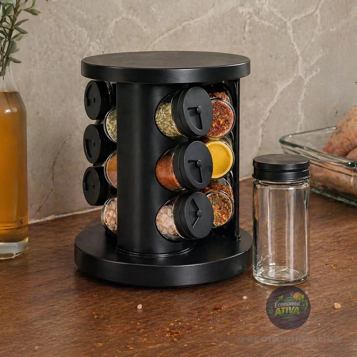 Porta Temperos Giratório Com 9 Potes De Vidro