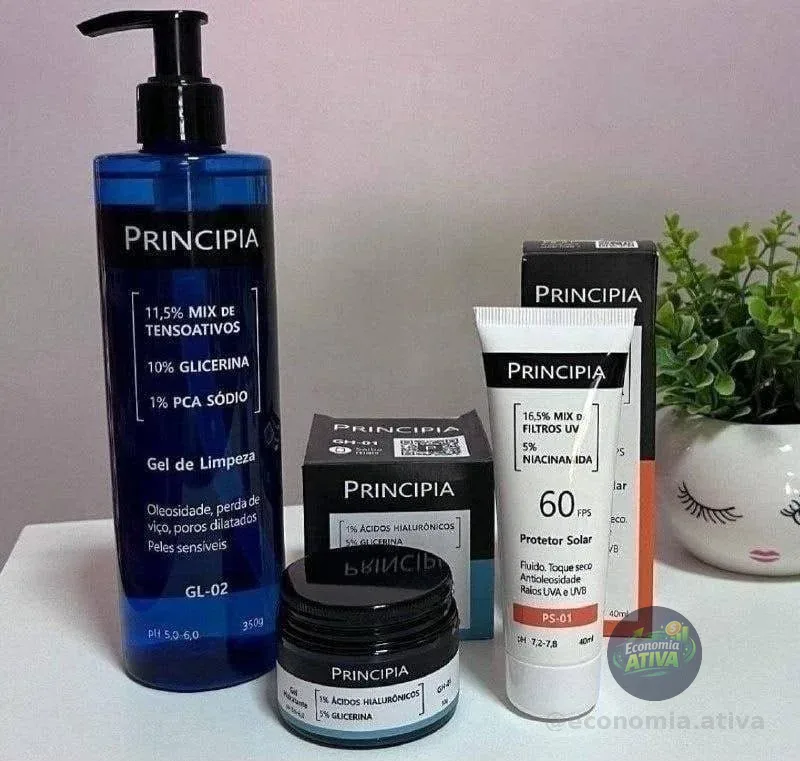 Kit Principia Skincare - Gel de Limpeza GL-02 - Protetor Solar FPS 60 - Creme Hidratante CH-01