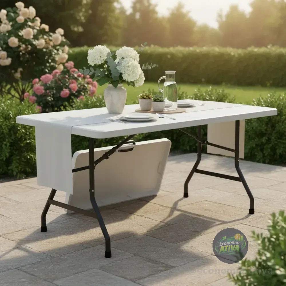 Mesa Dobrável Vira Maleta Com Alça Portátil 1.80m Camping Branco