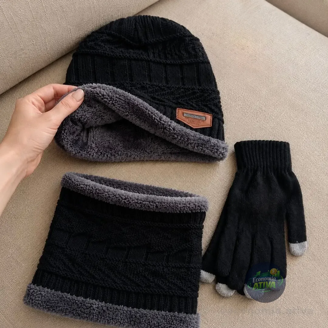 Kit Inverno Touca Gorro Forrado + Gola Térmica + Luva Touch Celular Unissex