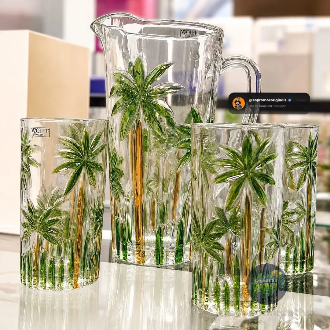 Conjunto Jarra 6 Copos Cristal Palm Tree Handpaint Wolff Coqueiros