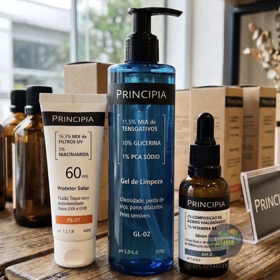 Kit Principia Primeira Rotina Skincare - Gel de Limpeza GL-02 - Protetor Solar PS-01 - Sérum Facial AH-2