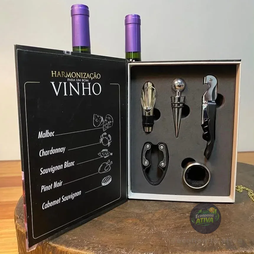 Kit Vinho 5 Peças: Abridor, Dosador, Saca Rolhas E Tampa