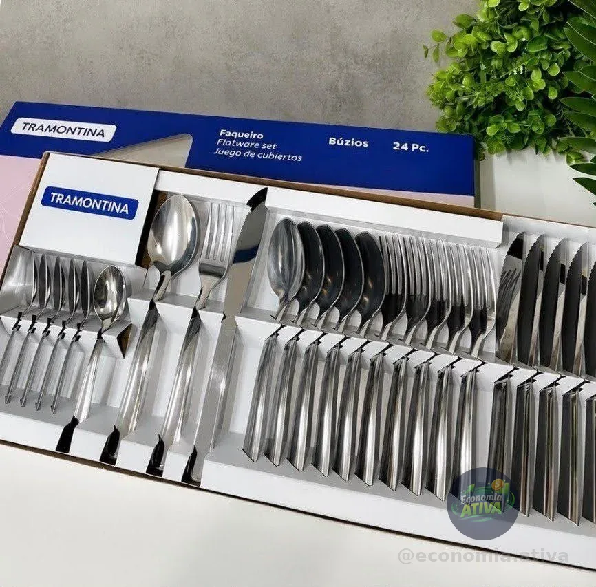 Faqueiro Tramontina 24 Peças Inox Jogo De Talheres Completo 6 Pessoas, Resistente, Não Enferruja, Fácil Limpeza, Kit Talheres Inox Premium Para Cozinha, Mesa Posta E Dia A Dia Cinza