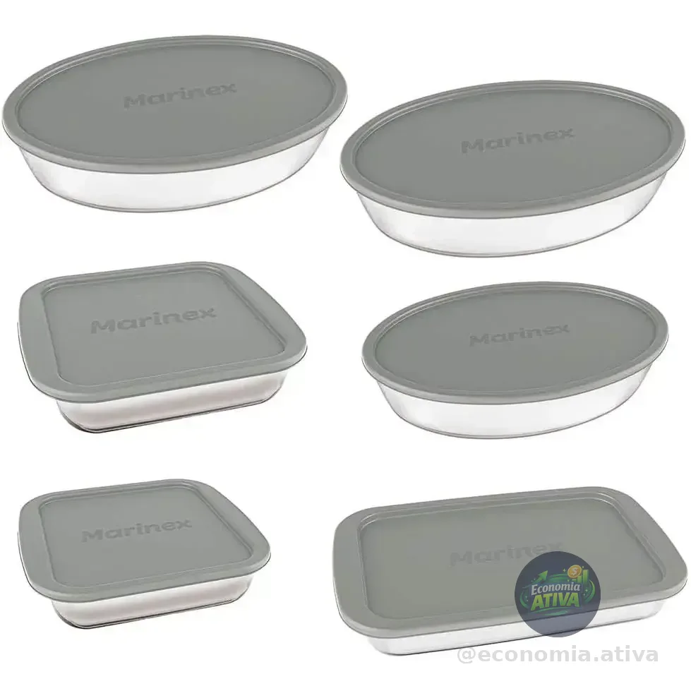 Conjunto Assadeiras 6 Peças De Vidro Com Tampa Cinza - Marinex