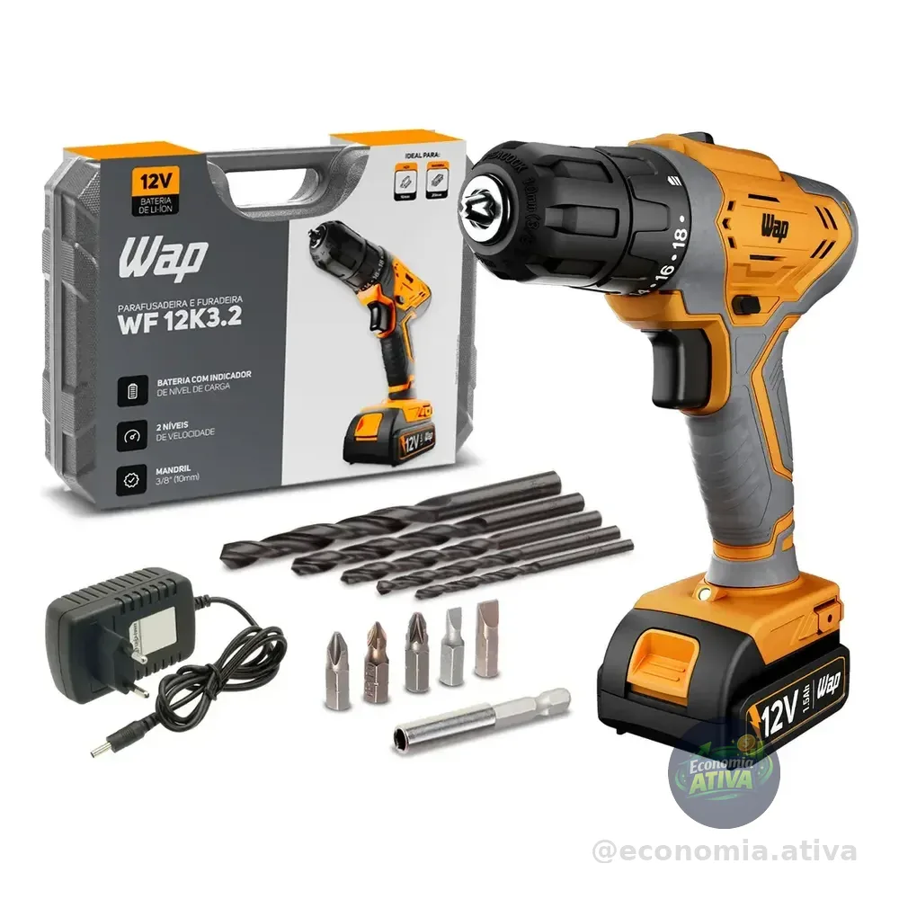 Parafusadeira E Furadeira A Bateria Li-ion Wap Wf 12k3.2 Carregador Com Maleta E Kit De 11 Acessórios Amarelo 127/220v 60hz