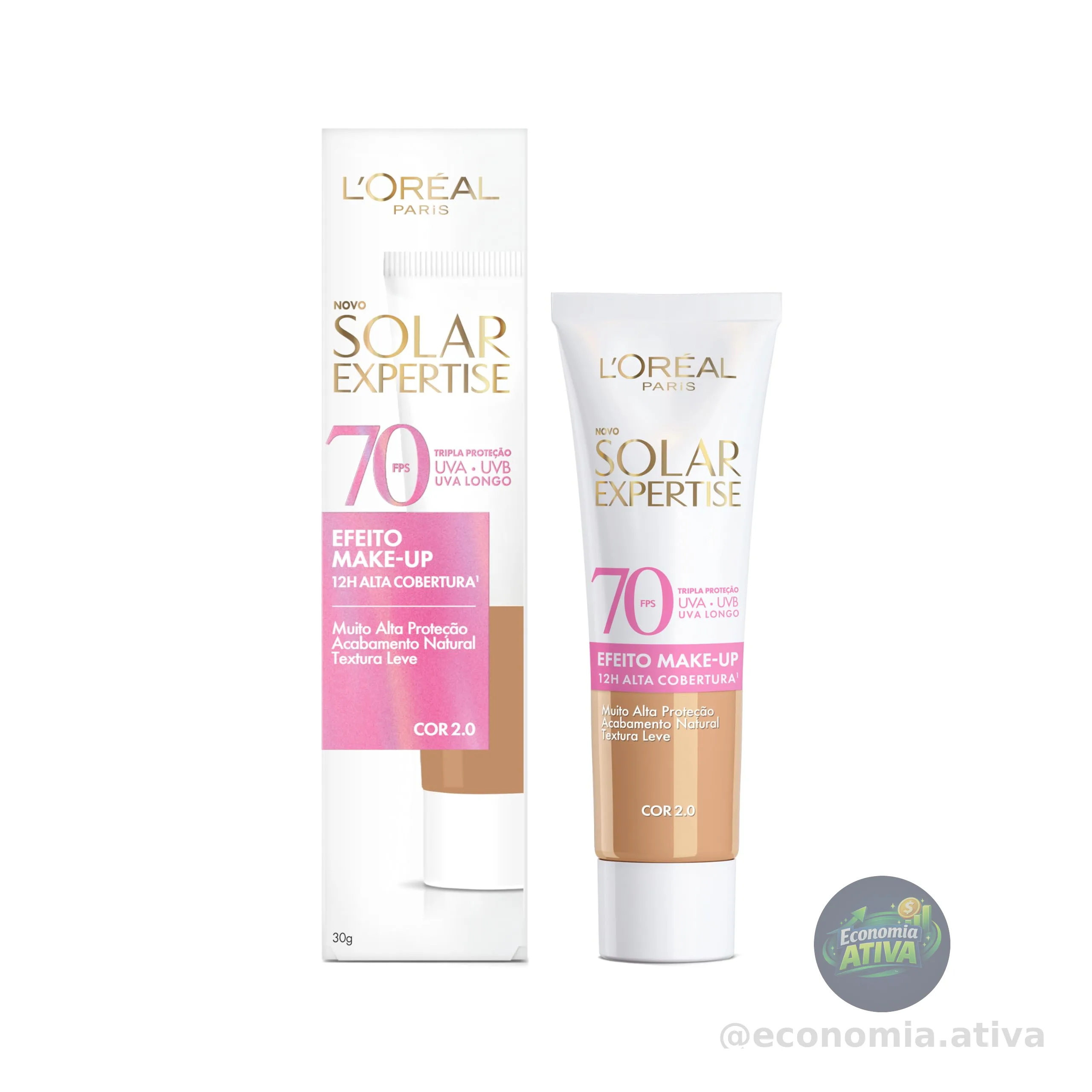L'Oréal Paris Solar Expertise Efeito Make-Up, Protetor Solar com Cor FPS 70, Cobertura de Maquiagem por até 12h - Cor 2.0, 30g