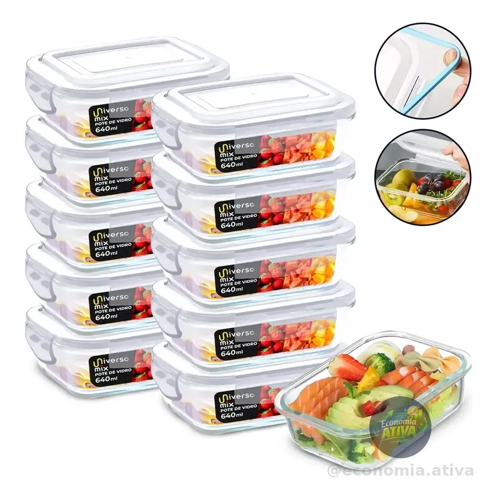 Conjunto 10 Potes 640ml Vidro Hermético 4 Travas Marmita Universo Mix Branco