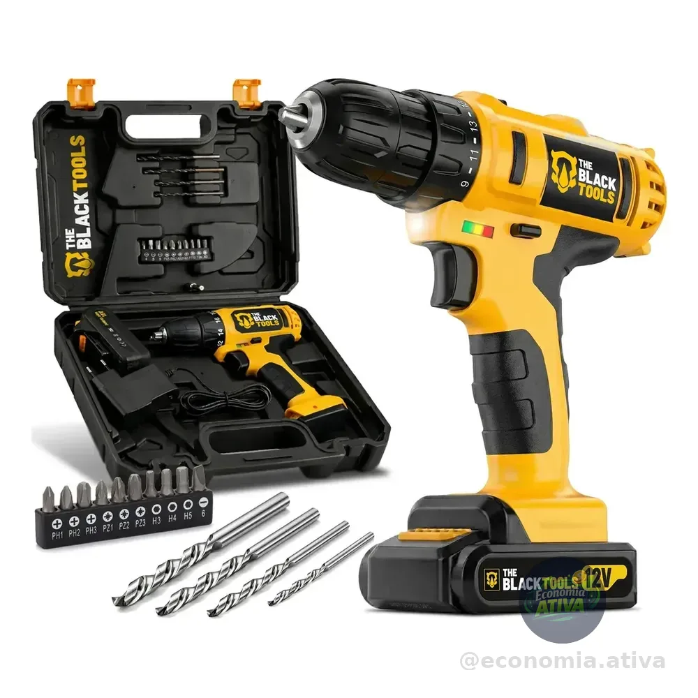 Furadeira Parafusadeira Sem Fio A Bateria Tb-12e 12v 3/8 10mm Com Maleta E Acessórios The Black Tools Amarelo/preto 127/220v 60