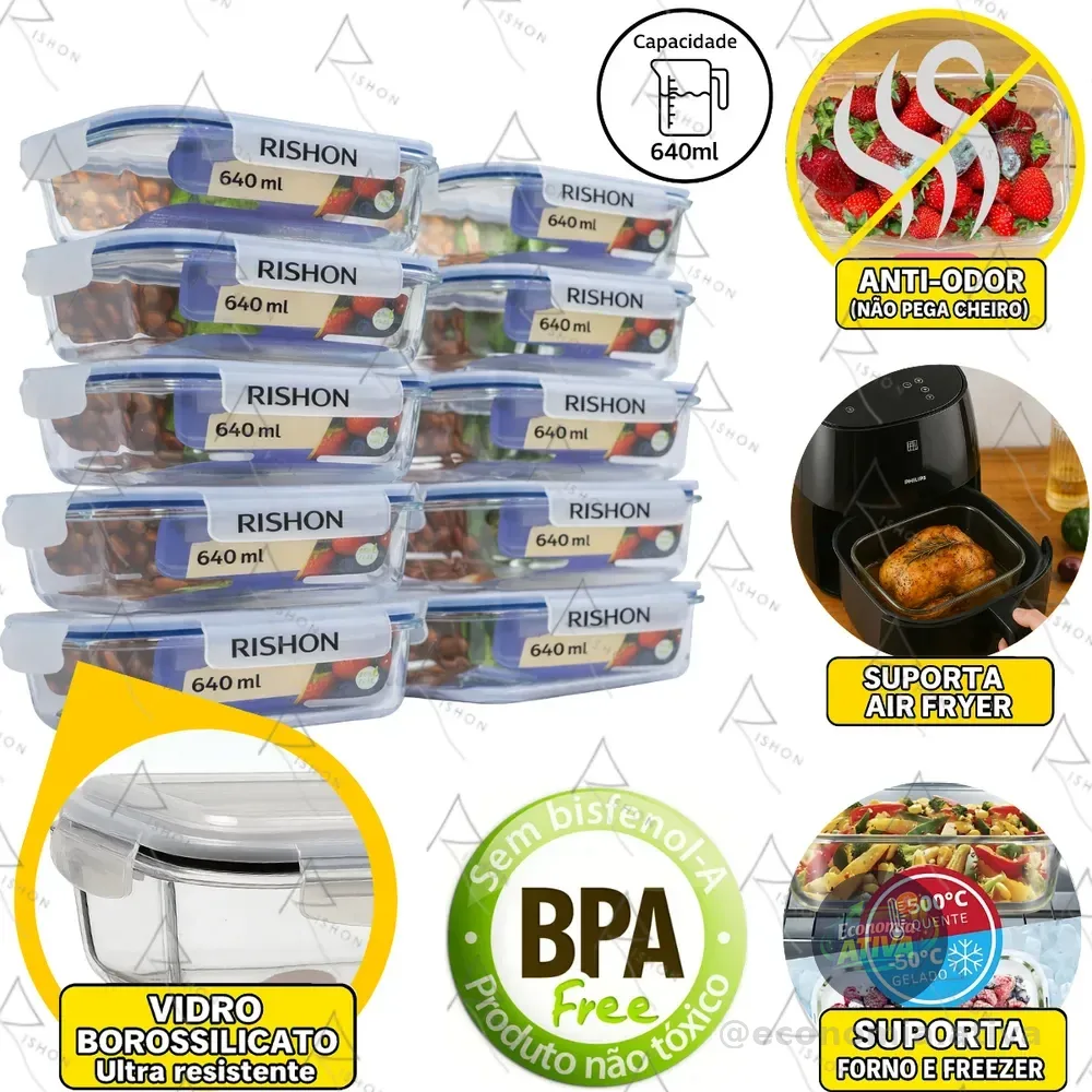 Kit 10 Pote De Vidro Marmita Hermético 640ml Freezer Fitness Rishon Azul-escuro