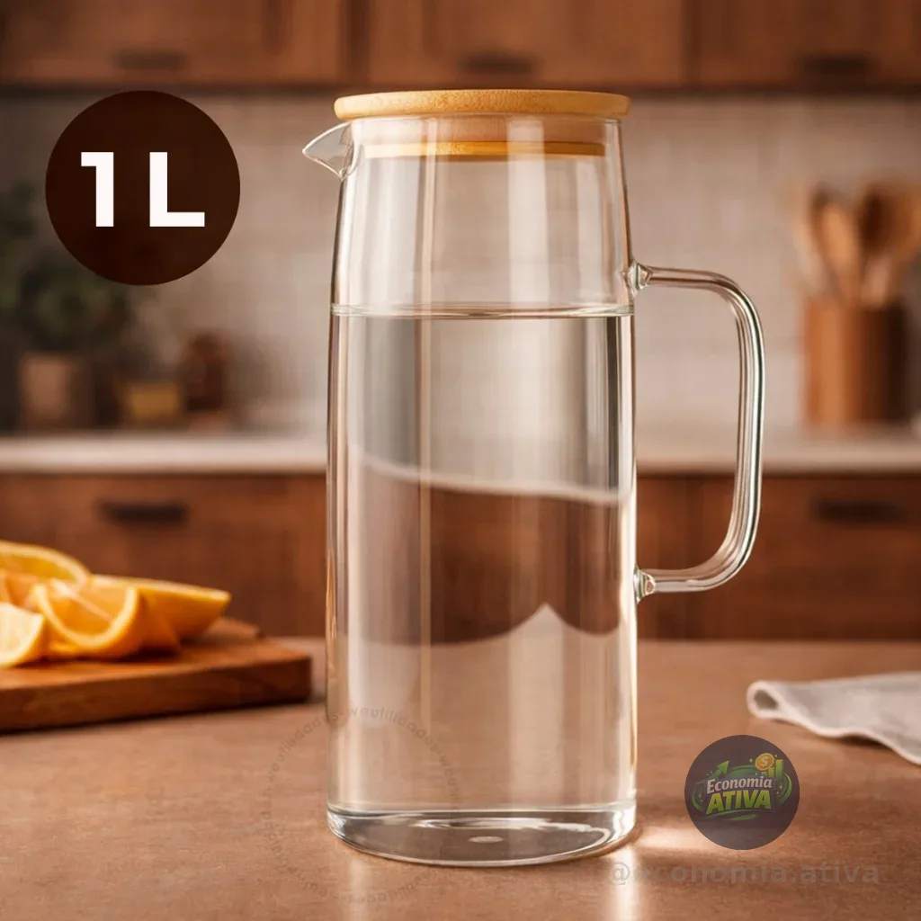 Jarra De Vidro Com Tampa De Bambu Para Servir Suco Água 1200ml Hermética Garrafa