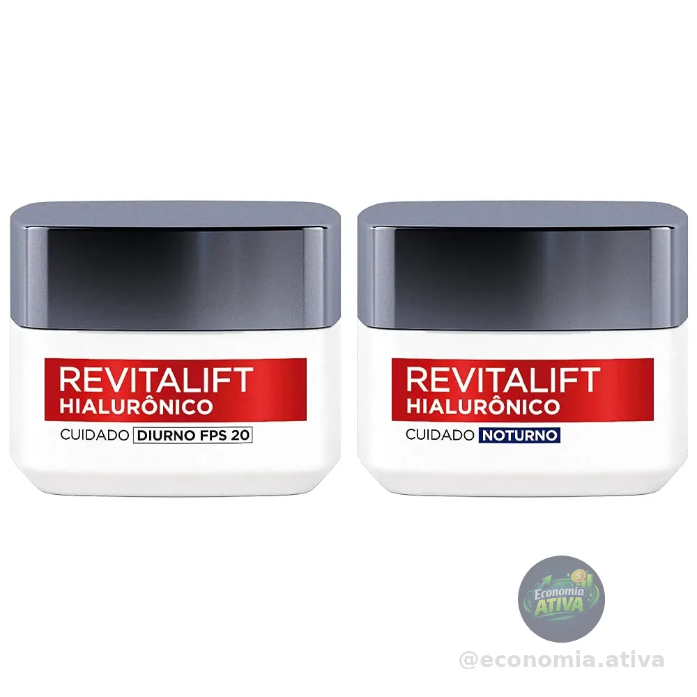 Kit de Skincare L'Oréal Paris Revitalift Hialurônico Creme Diurno FPS 20 + Creme Noturno, Tratamento Antirrugas Preenchedor com Ácido Hialurônico Puro 49g