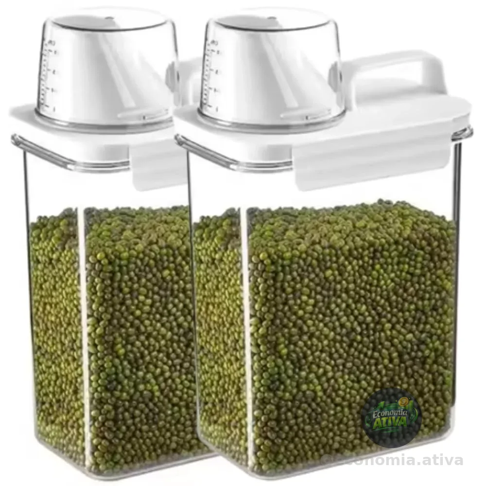 Pote Hermético Kit 2 Unidades 1800ml com Dosador e Copo Medidor, Dispenser Transparente com Vedação Anti Vazamento, Organizador para Grãos, Sabão em Pó e Mantimentos Cozinha e Lavanderia