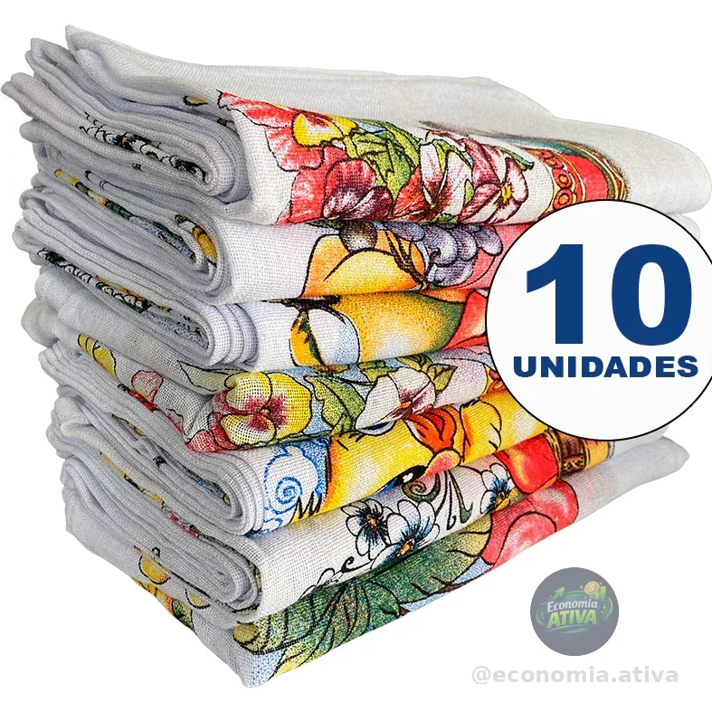 Kit 10 Panos de Prato Estampados 100% Algodão com Bainha