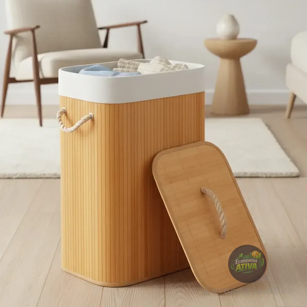 Cesto De Roupa Bambu Natural Dobrável Retangular Com Tampa E Forro 50l Espaçoso Ideal Para Organizar Roupas, Toalhas E Peças Do Dia A Dia Liso
