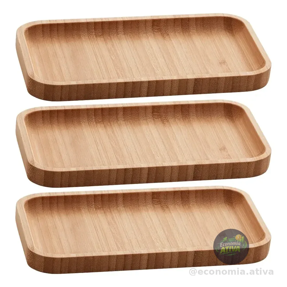 Kit 3 Bandejas De Bambu Retangular Para Cozinha 20x10cm Peti Lyor Hire