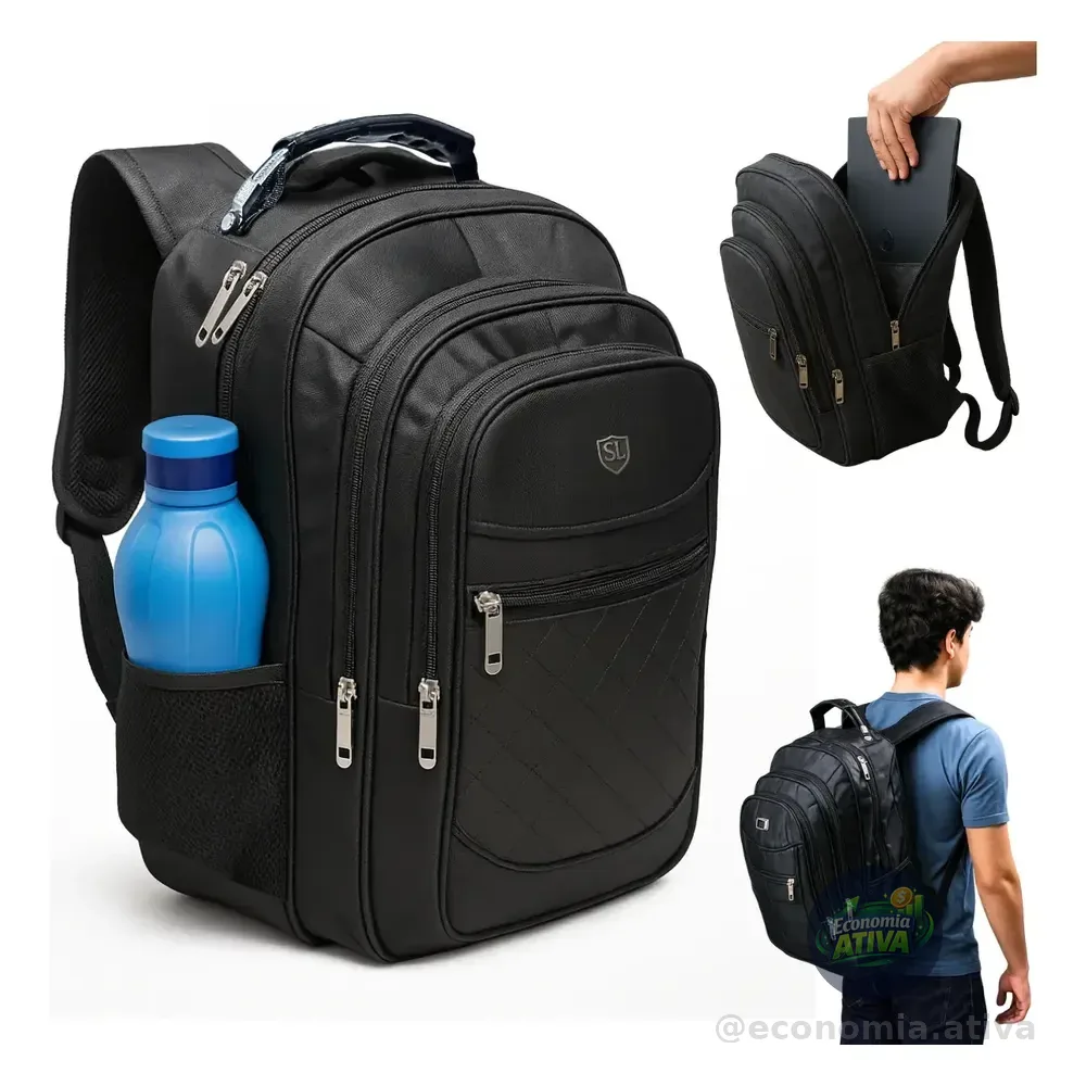 Mochila Masculina Impermeável Reforçada Aço Escola Notebook Preto Liso