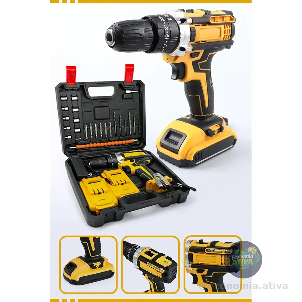 Furadeira Parafusadeira 48v Com 2 Baterias Recarregáveis Maleta Mandril 10mm Torque 32n.m 0-400/0-1400 Rpm Velocidade... Amarelo 127/220v