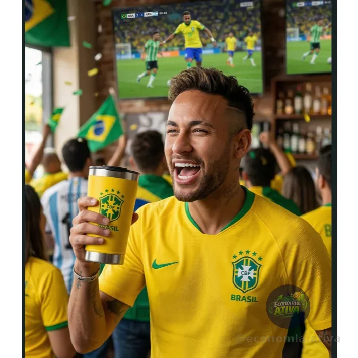 Copo Térmico Inox 473ml Brasil Copa do Mundo Seleção Brasileira Acompanha Tampa e Abridor