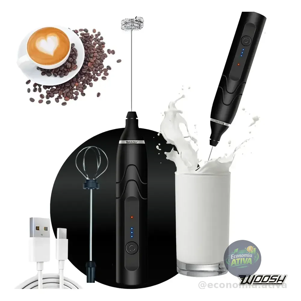 Mixer Elétrico Portátil 2 Em 1 Recarregável Potente Misturador De Bebidas E Ovos 3 Velocidades Usb Batedor E Fue Fouet Marca Woosh Preto
