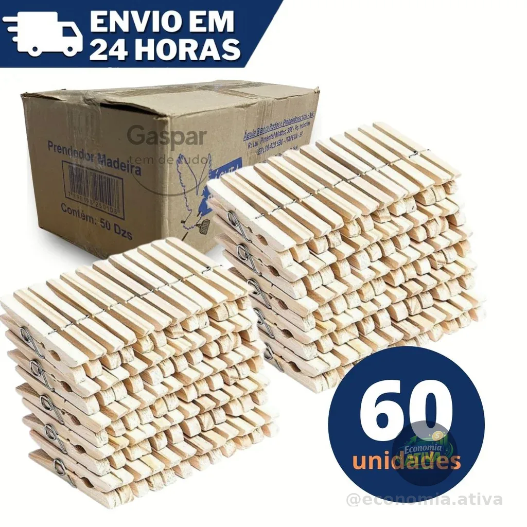 Prendedores Pregadores Roupa Madeira Artesanato Embalagem c/ 60 unidades