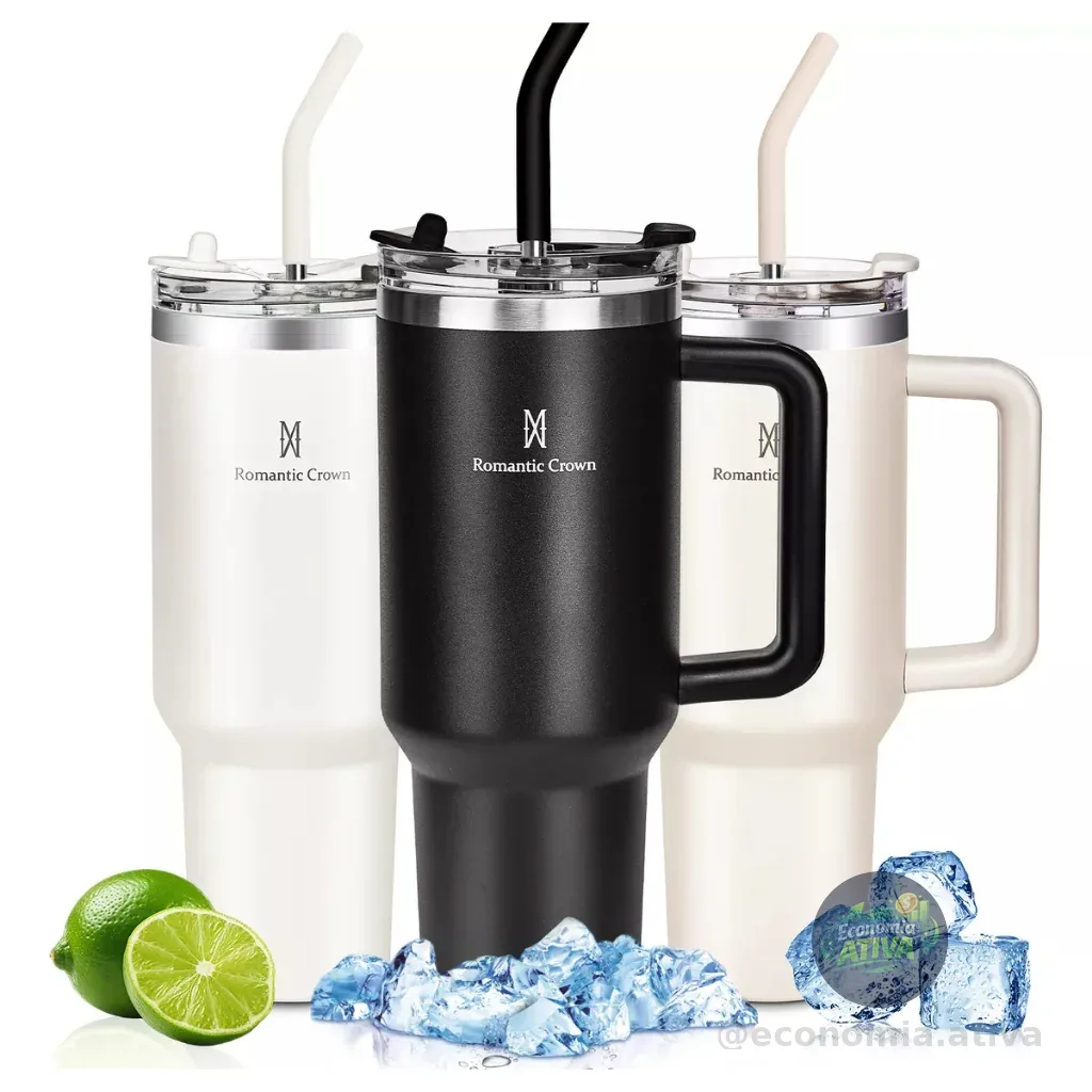 ROMANTIC CROWN Copo Térmico Inox 600ml com Tampa Hermética e Canudo Anti Vazamento de Aço Inoxidável