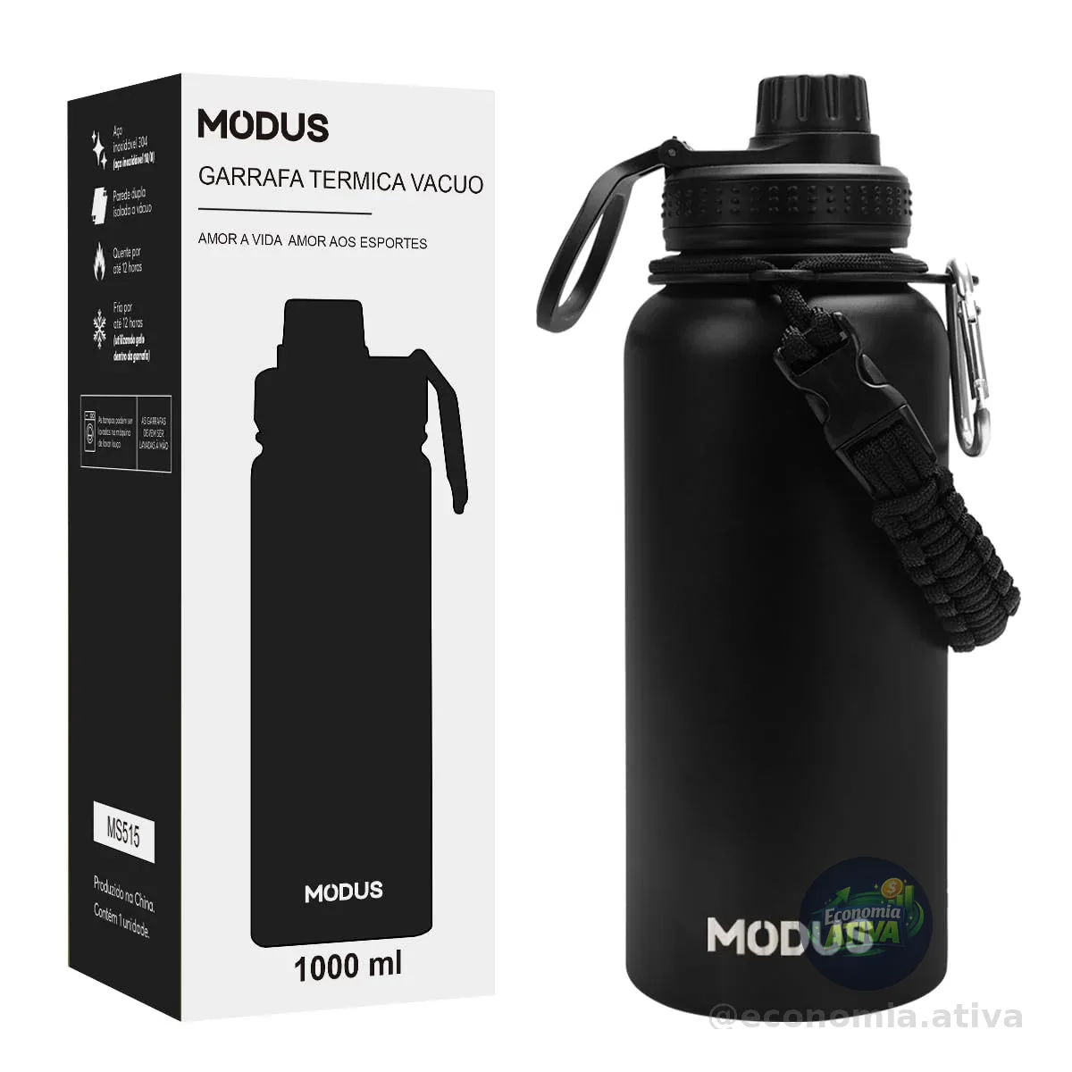 MODUS Garrafa Térmica Esportiva De Aço Inoxidável Com Isolamento A Vácuo De 1000ML (Preto)