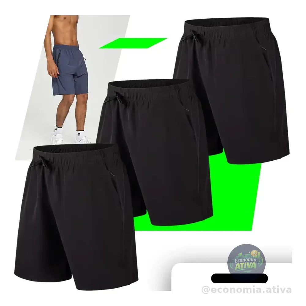 Kit 3 Bermuda Masculina Importada Seda  Secagem Rápida Preto Liso Gg