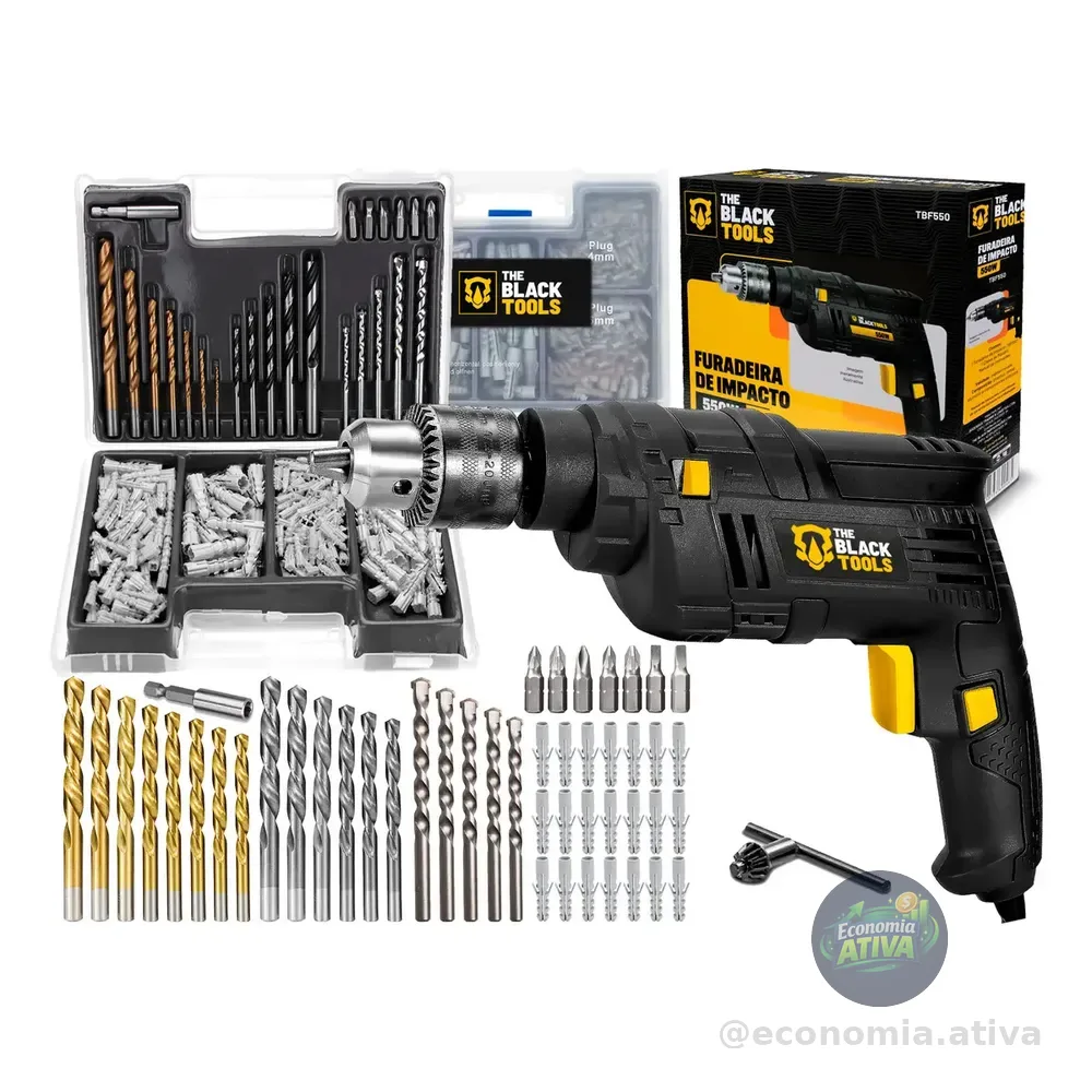 Furadeira De Impacto 550w 3/8 10mm The Black Tools Com Acessórios Kit 300 Peças Brocas E Buchas Preto 127v 50/60hz