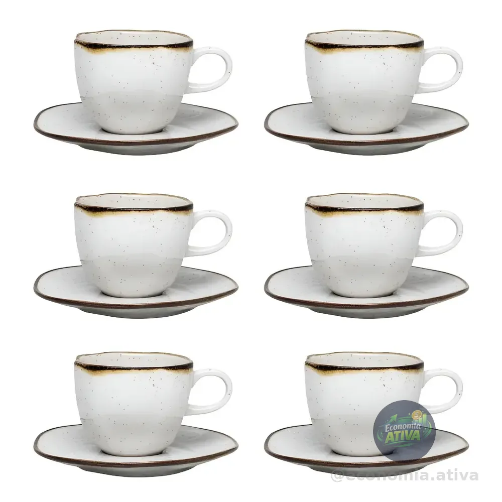 Conjunto De 6 Xícaras Com Pires Ryo Maresia Branco Marrom 220ml Oxford