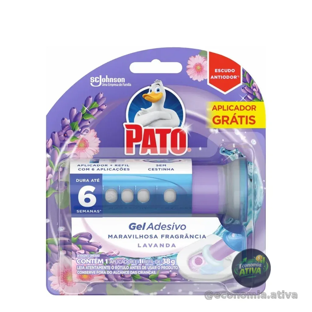 Pato Desodorizador Sanitário Gel Adesivo Lavanda, Limpeza Banheiro, Com Aplicador, 6 Discos