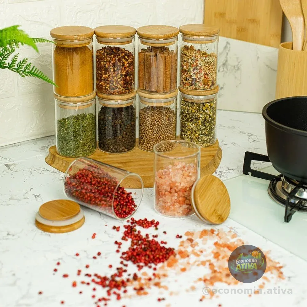 Oikos - Kit 10 Potes de Vidro 250ml com Tampa de Bambu Herméticos Redondos