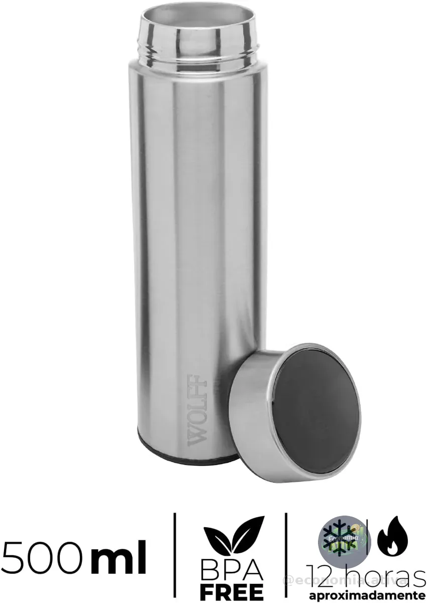 WOLFF - Garrafa Térmica de Aço Inox com Termômetro em Led 500ml - Conserva Bebidas Quentes e Frias
