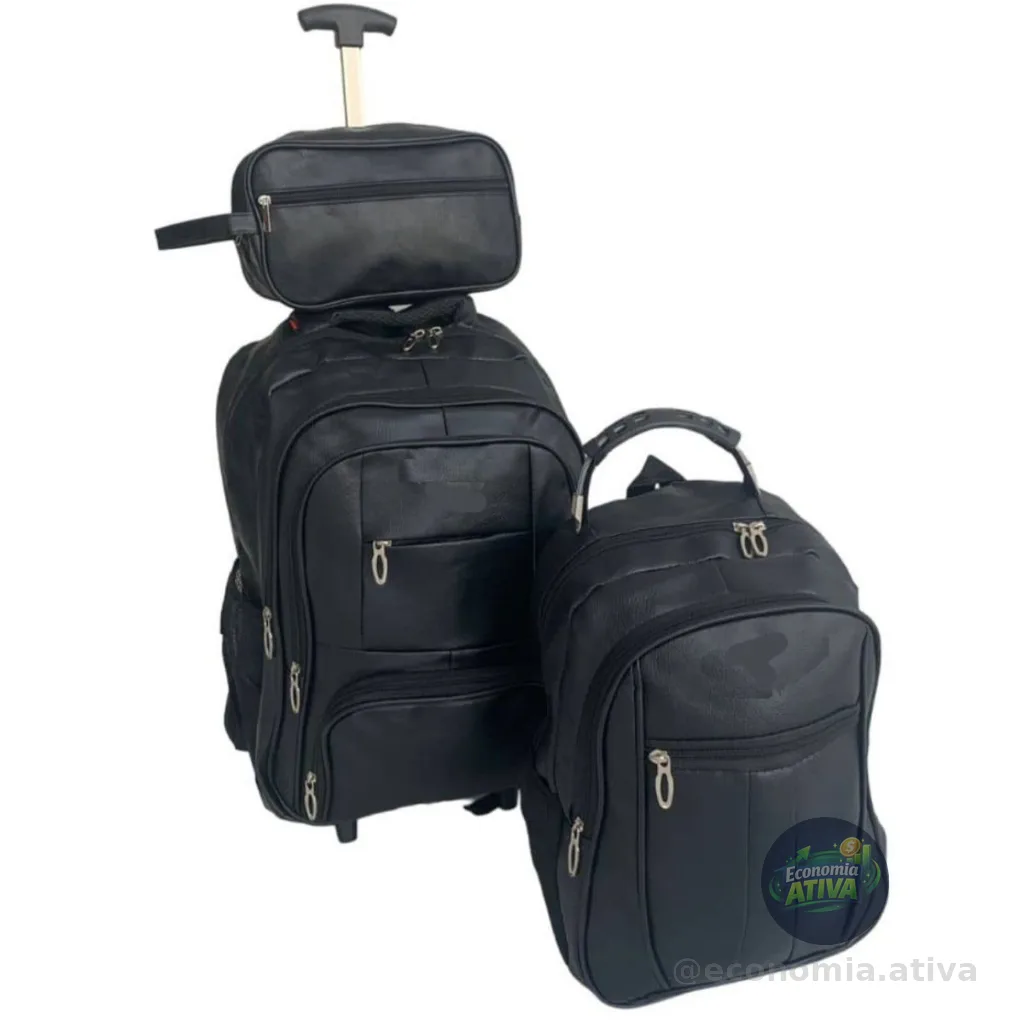Combo 3 Em 1 Bolsa Mala Viagem Mochila Trabalho Masculino Feminino Preta