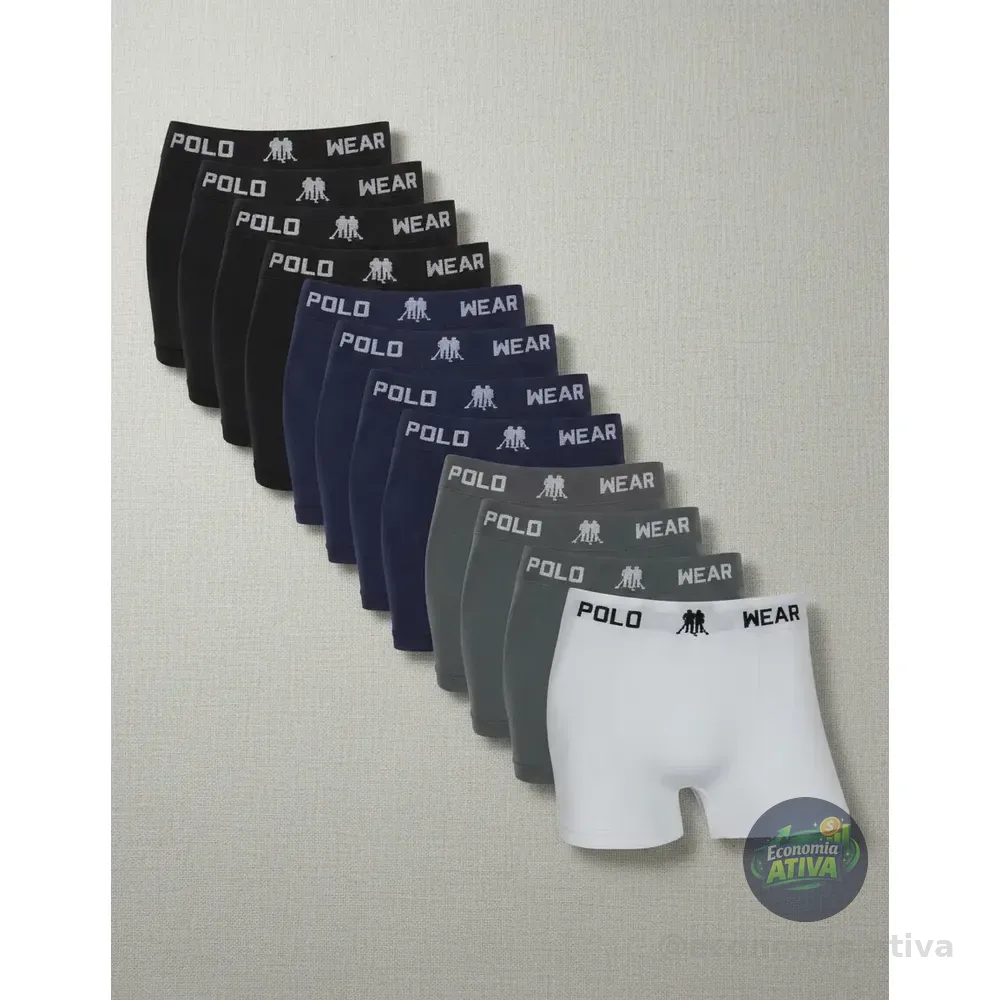 Kit 12 Cuecas Masculinas Boxer Polo Wear Branco, Cinza, Preto E Azul Marinho Liso Gg